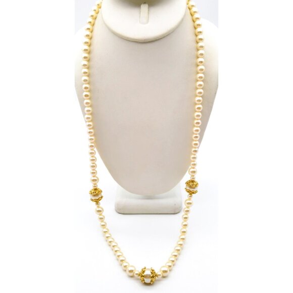 NWT Richelieu Long Pearl Strand Necklace with Gold Tone Caps, Chic Vintage Faux - Picture 2 of 3